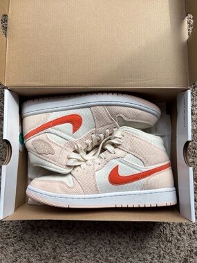 Nike Air Jordan 1 Mid Corduroy Sneakers - Cream and Orange
